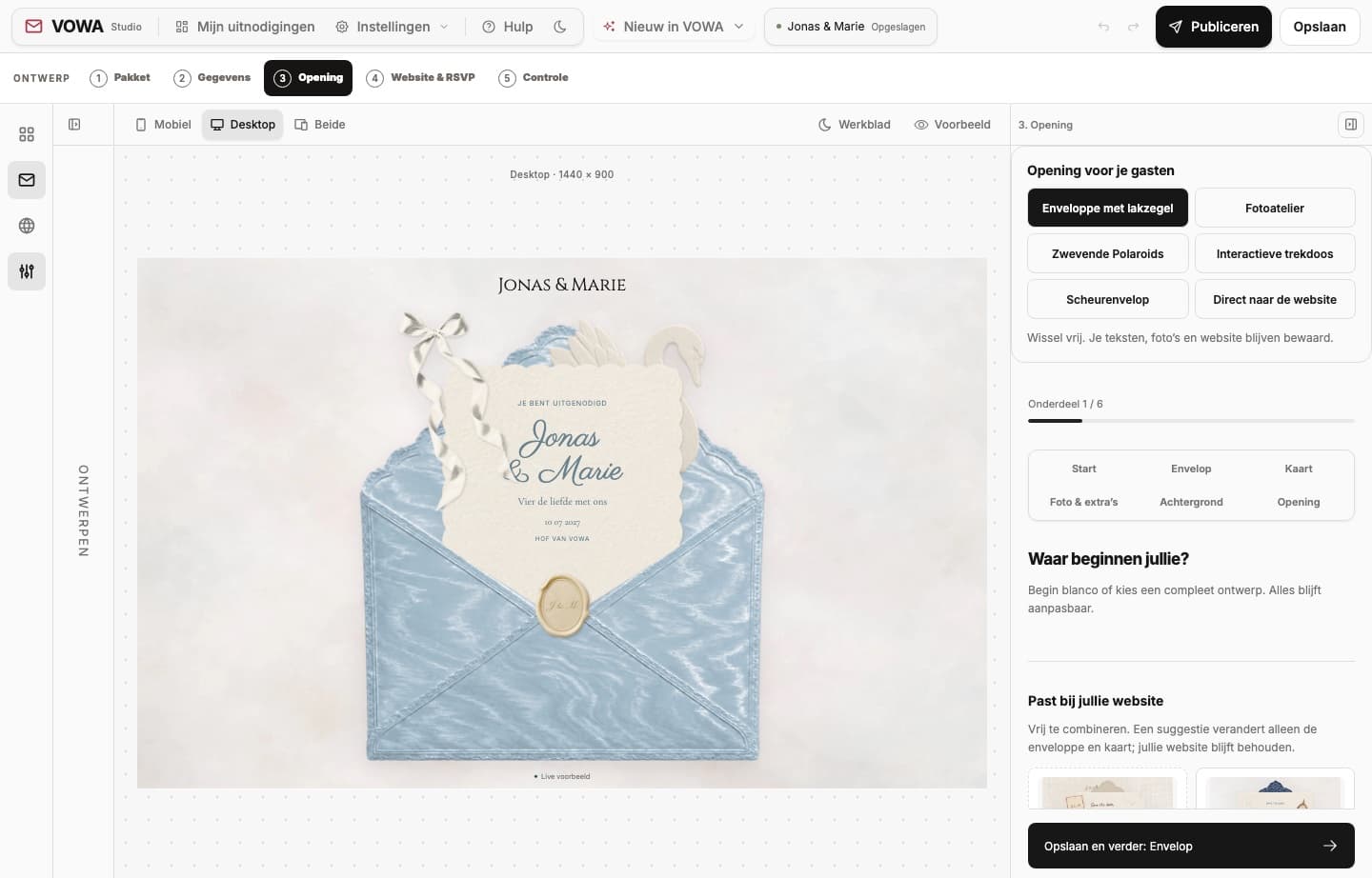 The current VOWA Studio editing an interactive wedding envelope
